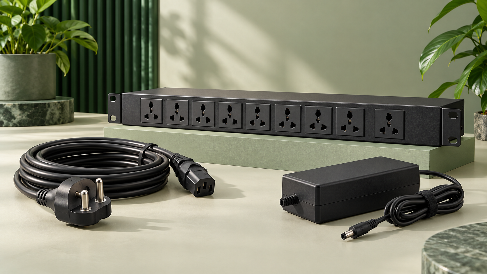 Illustrative power cord, rack PDU and power adapter
